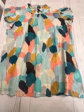 THML Colorful Abstract Dot Ruffle Neck Blouse